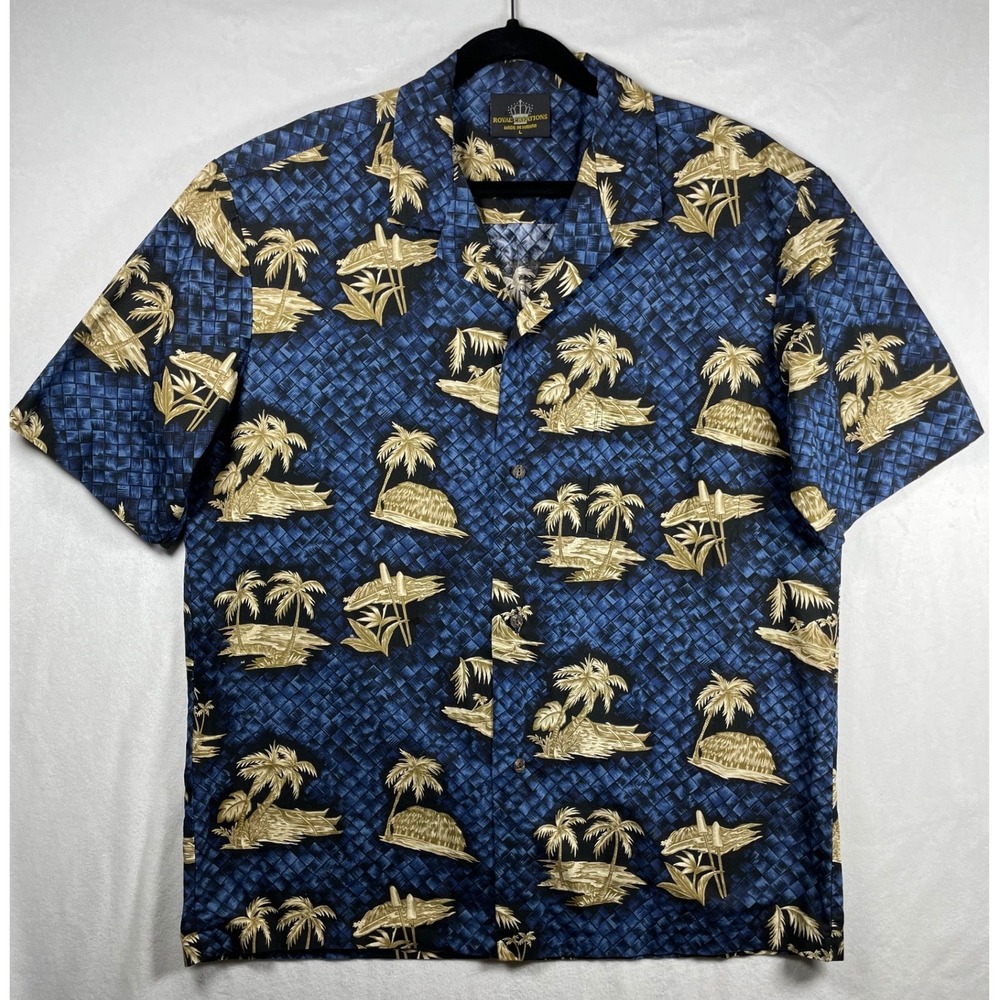 royal‎ creations made in hawaii cotton button down LG blue woven palm tree beach